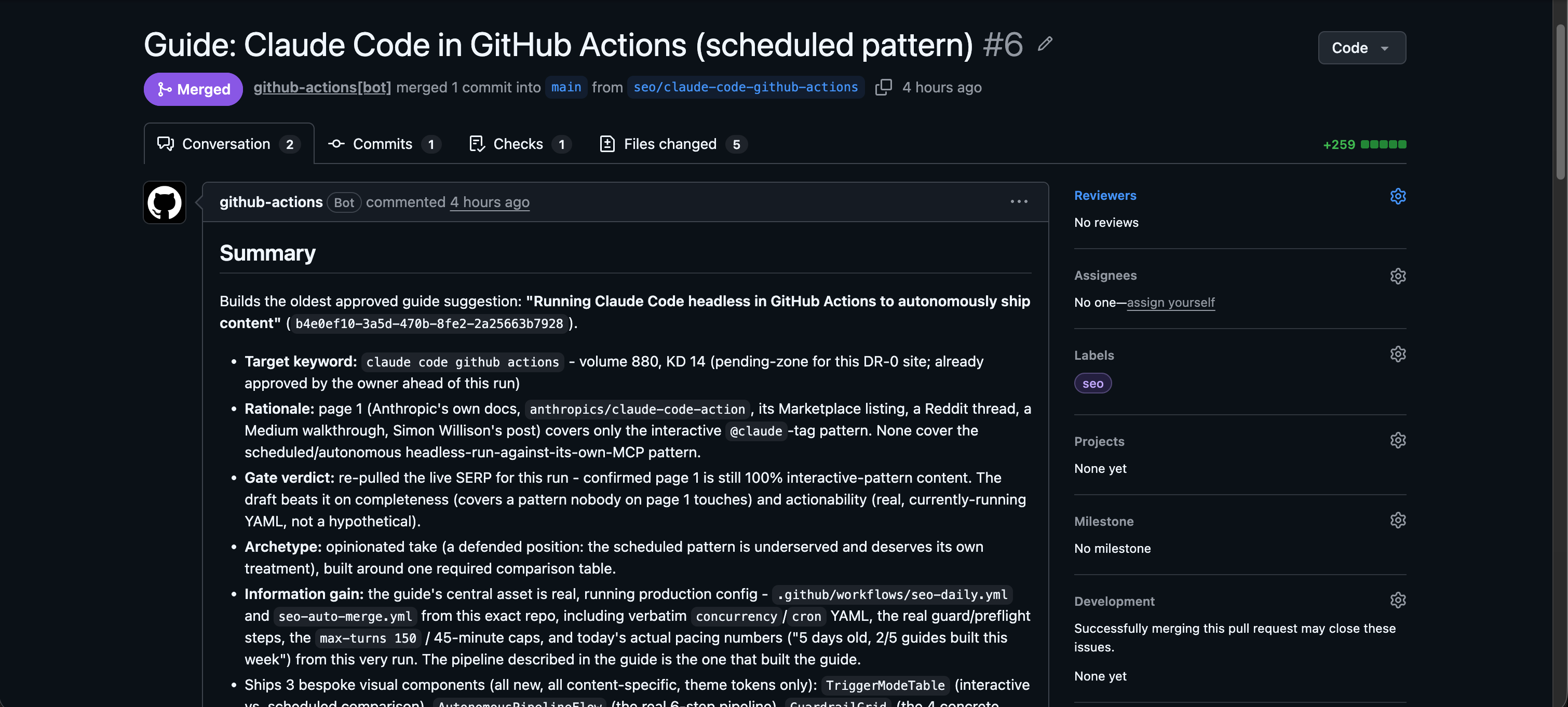 A pull request the pipeline opened, with the target keyword, search-result gate verdict, archetype, and information-gain asset all named in the description