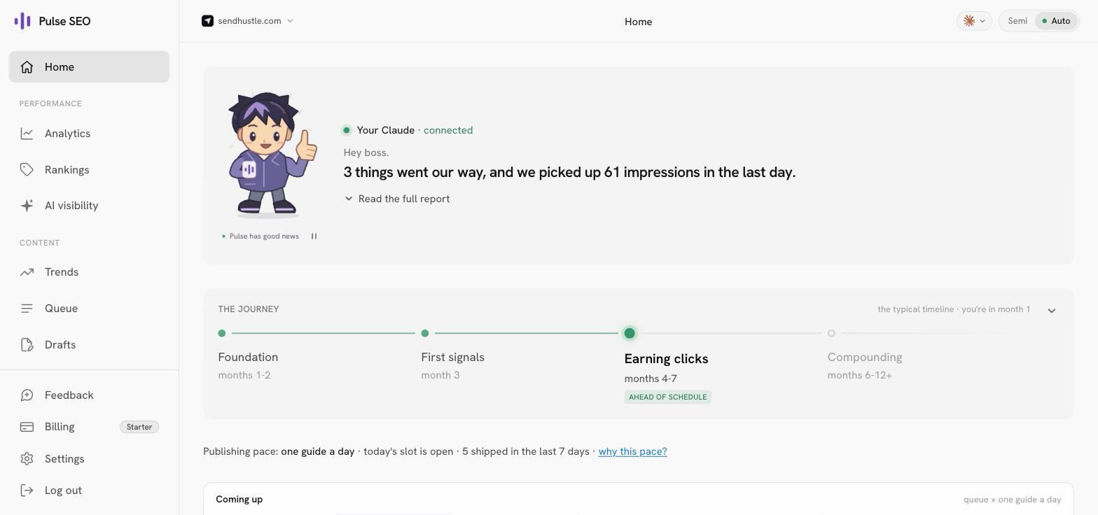 The Home page: the agent's daily briefing, journey stage, publishing pace, stat row, and the next actions waiting on a decision